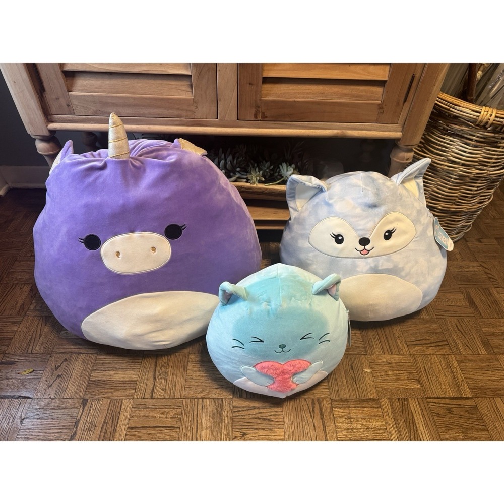 Squishmallows Lot 12" Faldette Fox, 8" Singrid Siamese Cat, & 14" Astrid Unicorn
